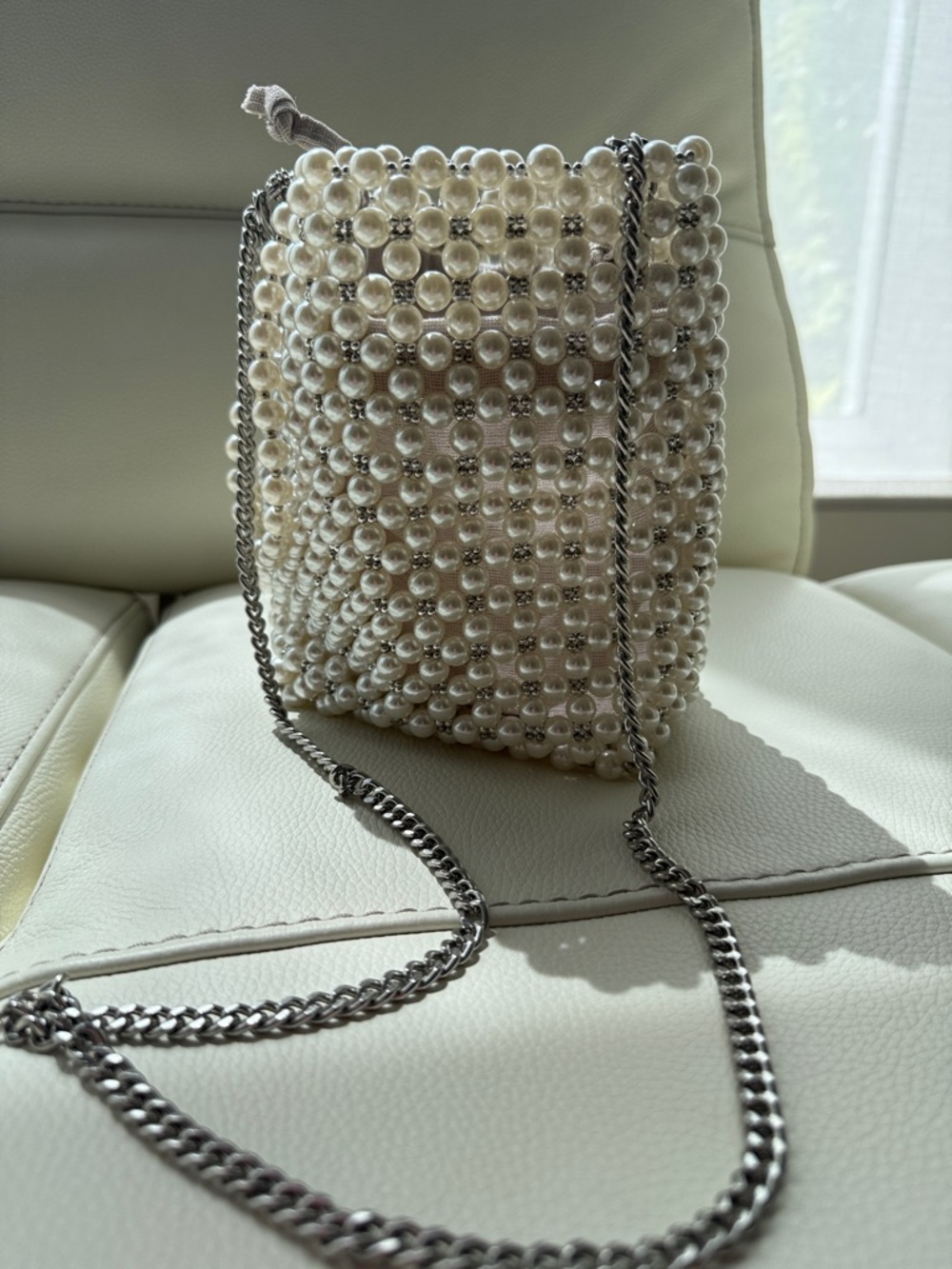 Zara Pearl Beaded Bucket Shoulder Bag - Cream